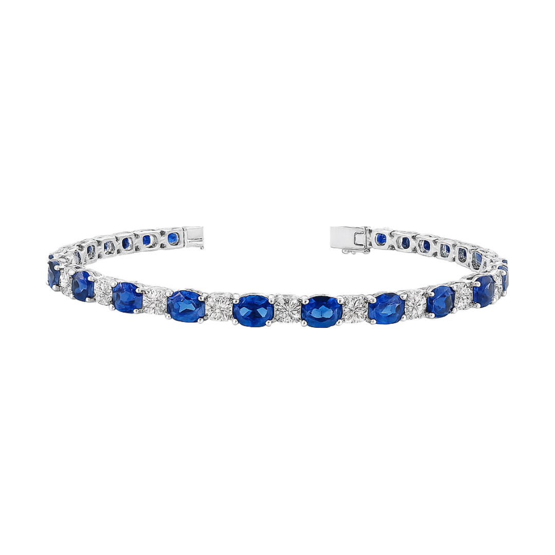Round Cut 10.15 CT Natural Diamond & Sapphire Bracelet 14K White Gold (IGI)