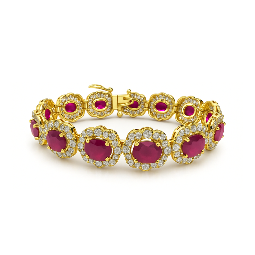 Oval Shape Ruby 7.44 CT Natural Diamond Bracelet 14K Yellow Gold (IGI)
