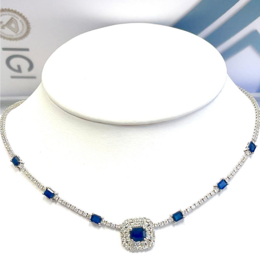 Rectangular Cut Sapphire 10.6 CT VS2 Natural Diamond Necklace 14k White Gold (IGI)
