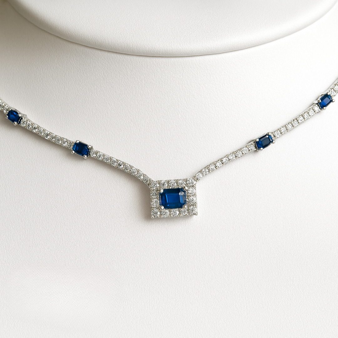 Rectangular Cut Sapphire 4.68 CT Natural Diamond Necklace 14k White Gold (IGI)