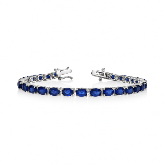 Oval Shaped Blue Sapphire 13.20 CT Tennis Bracelet 14K White Gold (IGI)