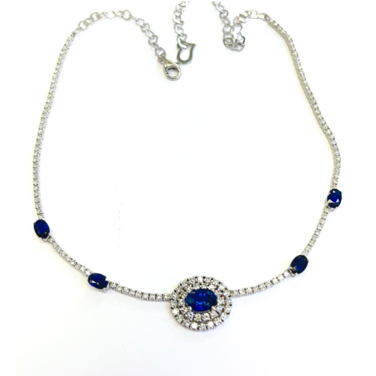 Oval Blue Sapphire 5.6CT Round Natural Diamond Necklace 14k White Gold (IGI)