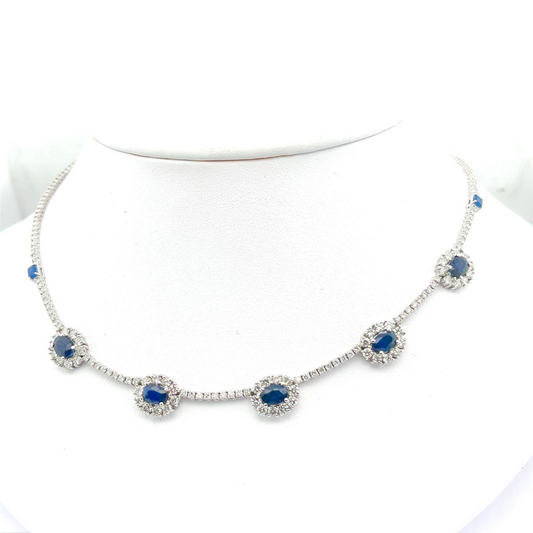 Oval Blue Sapphire 6.12CT Round Natural Diamond Necklace 14k White Gold (IGI)