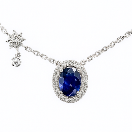 Oval Blue Sapphire 1.41 CT Round Natural Diamond Necklace 14k White Gold (IGI)