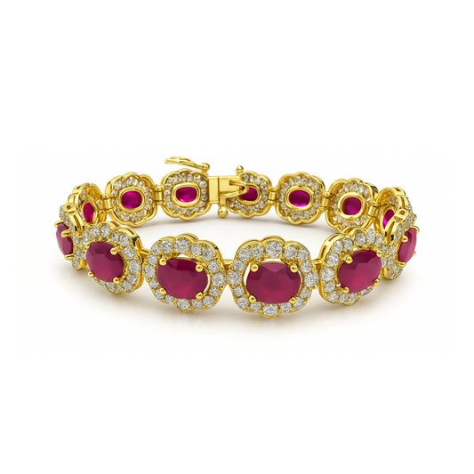 Oval Shape Ruby 7.44 CT Natural Diamond Bracelet 14K Yellow Gold (IGI)