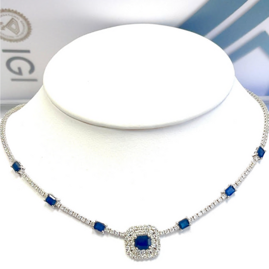 Rectangular Cut Sapphire 10.6 CT VS2 Natural Diamond Necklace 14k White Gold (IGI)