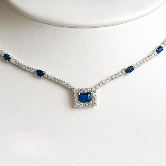 Rectangular Cut Sapphire 4.68 CT Natural Diamond Necklace 14k White Gold (IGI)